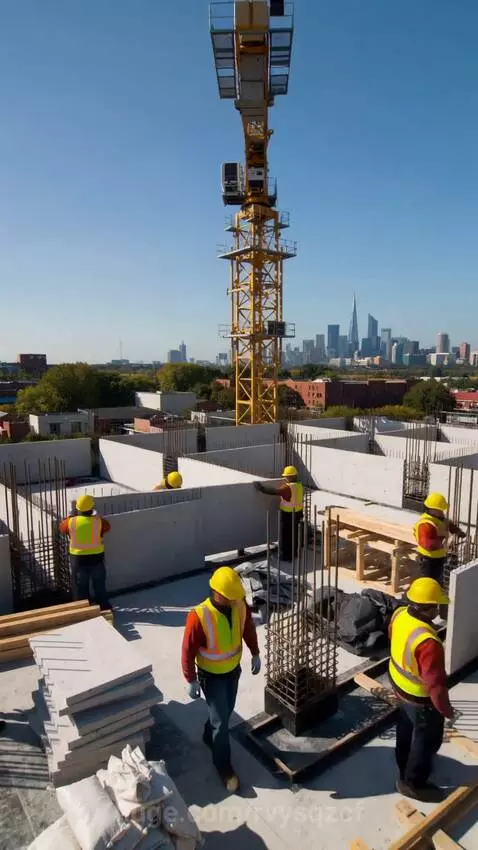 Elevated view of a sunny construction site with workers, tower crane, and city skyline in the distance.