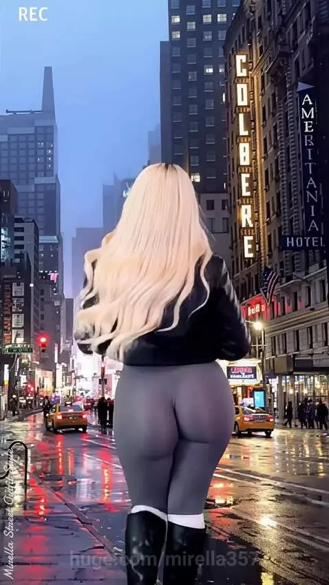 Woman with blonde hair in a black leather jacket and sheer grey leggings walking on a wet city street at dusk.