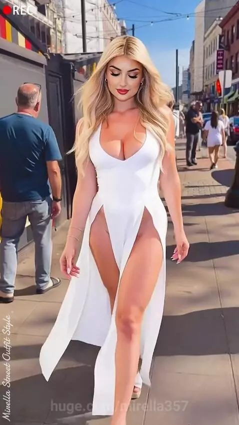 Blonde woman with long hair in a white V-neck dress with high slits and platform sandals walking on a city sidewalk.