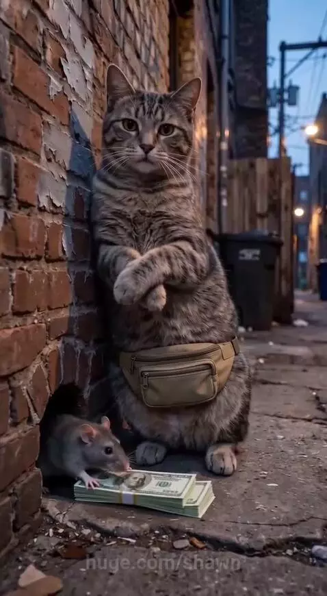 Tabby cat in a fanny pack exchanges money with a rat for cheese, then puts on sunglasses.