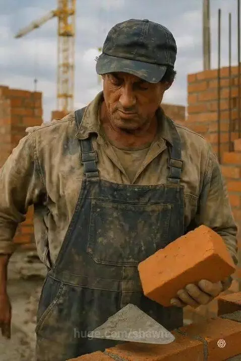 Three men resembling action stars working on a construction site, laying bricks, carrying cement, and shoveling sand.