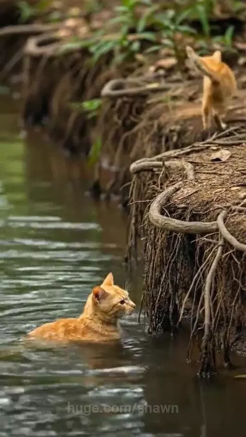 An orange kitten on a muddy bank extends a branch to an adult orange cat struggling in shallow water.
