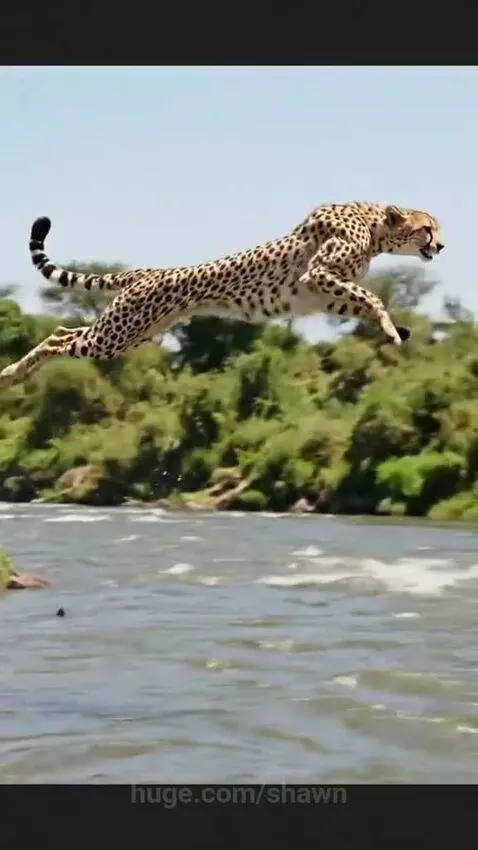 Cheetah captured mid-air during a powerful leap over water from a grassy bank to a sandy shore.