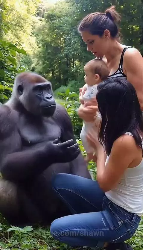 A large gorilla sits outdoors, tenderly holding a baby in its lap while two women watch.