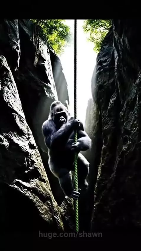 Gorillas pulling a rope to rescue an injured horse from a canyon.