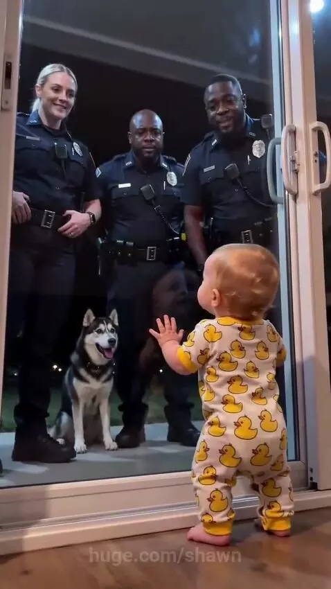 Baby in duck onesie looking through glass door at police officers and a husky dog.