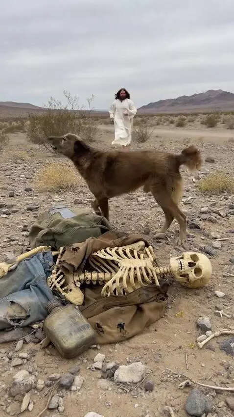 Man in white robes healing a skeleton, with a dog looking on.