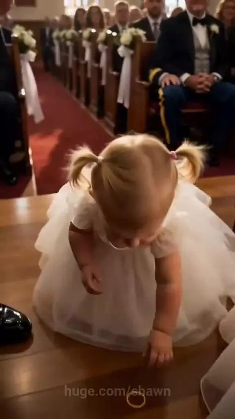A young flower girl in a white dress puts a yellow rubber band on her finger, pretending to be married.
