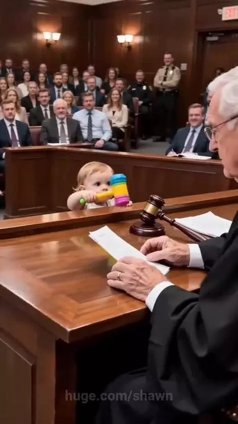 Baby in a judge's robe holds a toy gavel at a judge's bench, facing a real judge.