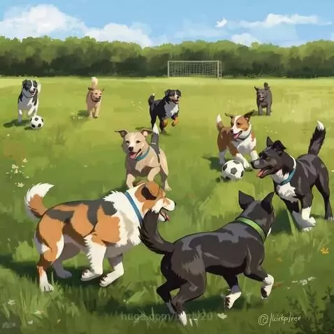 Multiple happy dogs of various breeds playing soccer with balls on a lush green field under a blue sky.