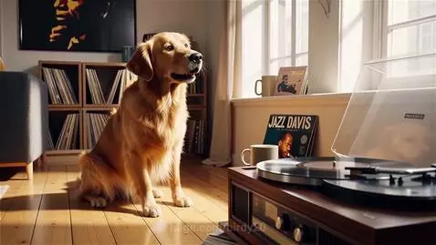 Golden retriever dog sitting on a wooden floor, listening to a record player with jazz music.