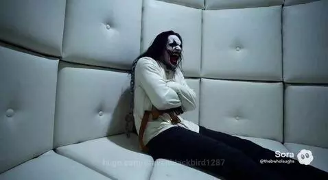 Person in clown makeup and straitjacket laughing manically in a padded cell, joined by a character with a spiked costume and exaggerated smile.