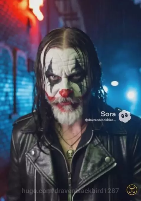 Man with clown makeup, dark jacket, and skull pendant walks down a fiery, neon-lit alley.