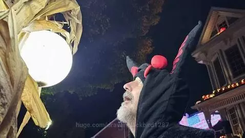 Person in a moth costume with a beard looks up at a bright, spherical light decorated with corn stalks at night.