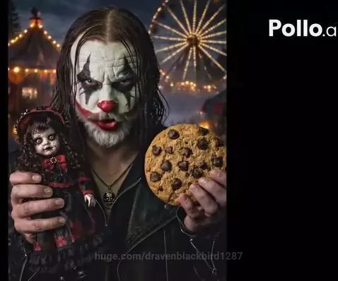 Clown with dark makeup and beard holding a creepy doll and cookie at a dimly lit carnival.