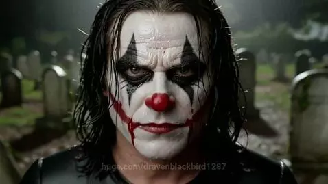 Clown with white face paint, black diamond eyes, and red smile walks through a dark, rainy graveyard at night.