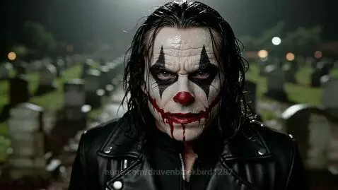 Man with clown makeup and leather jacket walking through a dark, wet graveyard at night.