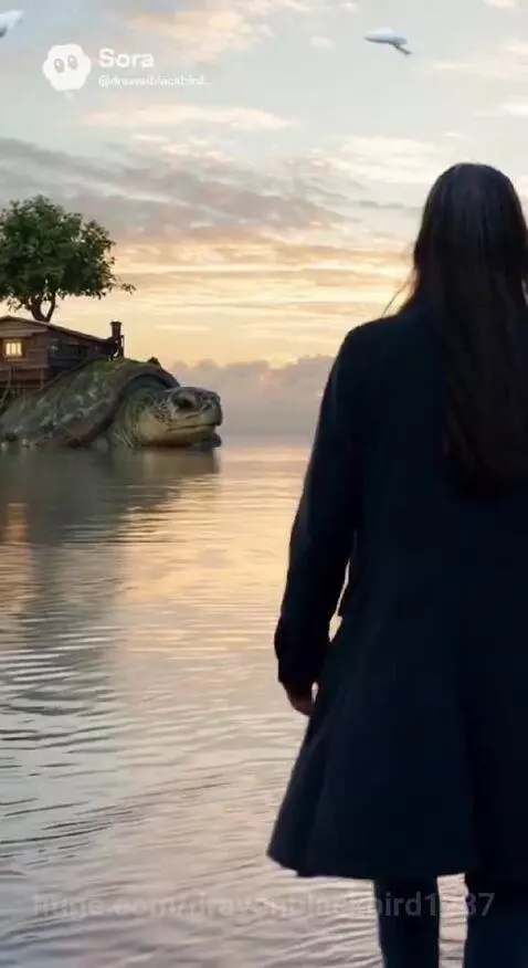 Person walks towards a giant turtle with a house and tree on its back, dolphins leap during a sunset.