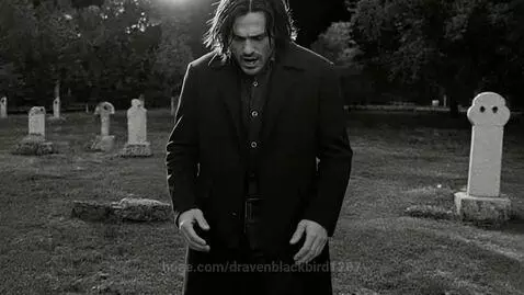 Man with long dark hair in a black coat singing in a black and white graveyard with tombstones.