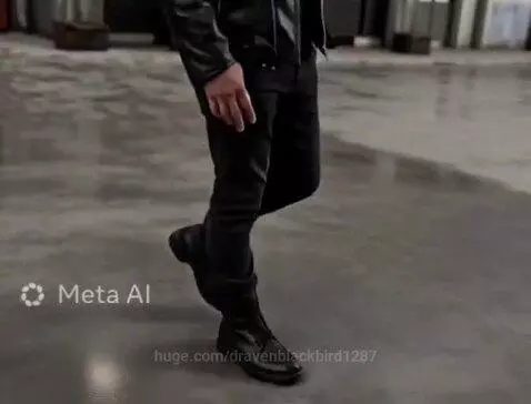 Man in leather jacket walking down a city street with neon lights, set to heavy metal music.