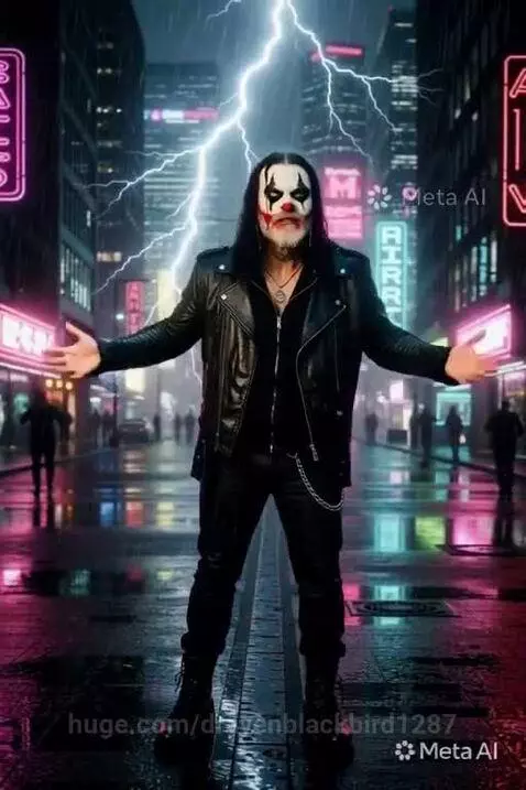 Clown with white makeup and leather jacket stands on a wet city street at night, with neon lights and a lightning strike.