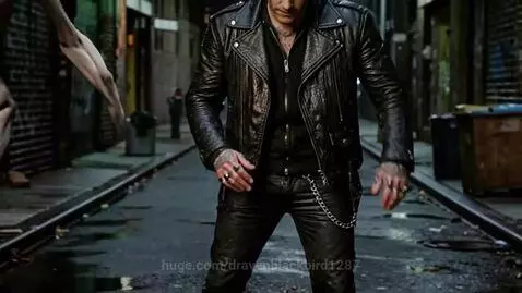 Tattooed man in leather jacket facing a pale, thin humanoid creature in a dimly lit alley at night.