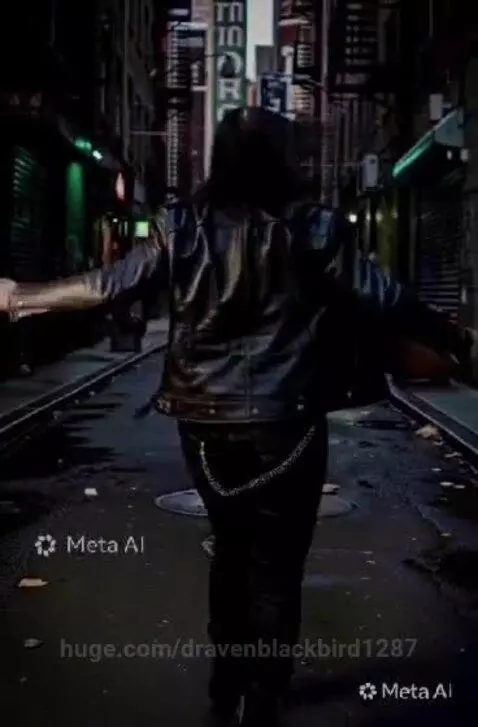 Man in clown makeup and leather jacket dancing energetically in a dark, wet alleyway with city lights in the background.