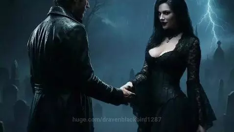 Gothic couple dancing in a dark, stormy graveyard at night, illuminated by lightning flashes.