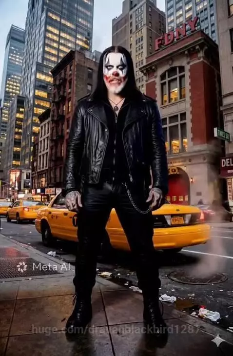 Man with clown makeup and dark hair singing on a city sidewalk with yellow taxis and tall buildings.