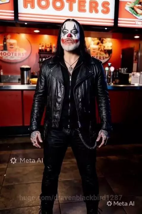 Clown with elaborate makeup and beard in Hooters, wearing leather jacket, performing to Roxette's 'The Look'.