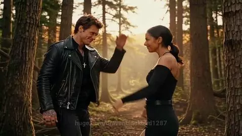 Couple dancing gracefully in a sunlit forest, woman in black dress, man in leather jacket.