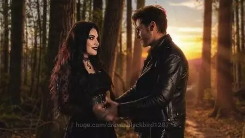 Couple dancing romantically in a sunlit forest with a gothic-style dress and flowing hair.