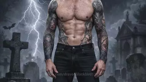 Shirtless, tattooed man with beard in a dark, stormy graveyard at night, looking at the camera.