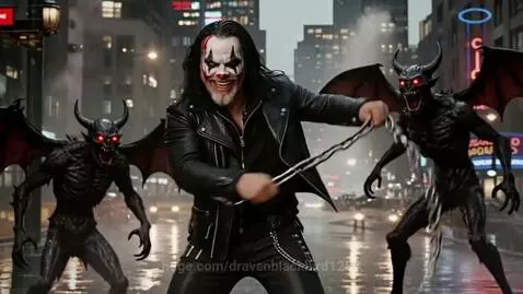 Man with clown face paint and leather jacket fighting two winged demons with chains in a dark, wet city street at night.
