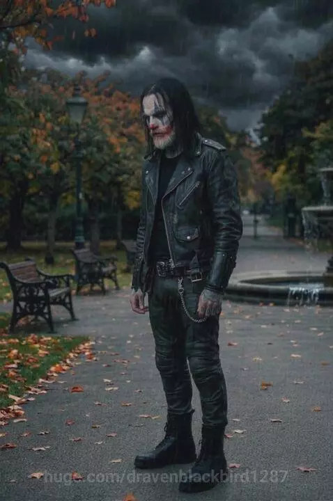 Man with white and black face paint, dark leather jacket, standing in a rainy autumn park with orange and yellow leaves.