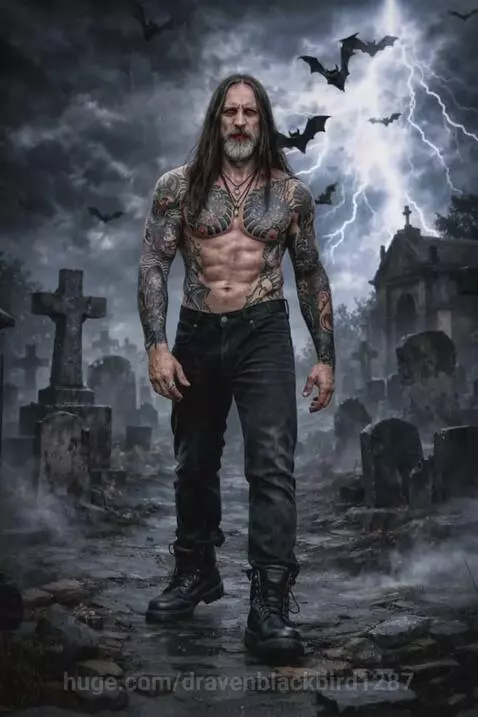 Heavily tattooed man with long dark hair walks through a dark, stormy graveyard with lightning and bats.