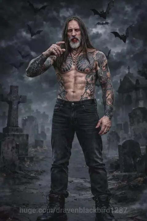 Shirtless muscular man with tattoos, red eyes, and beard in a stormy graveyard, pointing at the viewer.