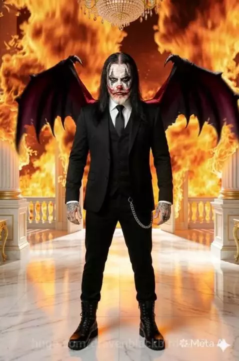 Man with dark hair, clown face paint, black suit, and large red demon wings spread out in a grand hall with flames.