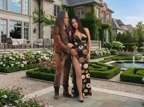 Couple kissing romantically in a beautiful garden with an elegant house in the background. Woman wears a dress with cookie and donut patterns.