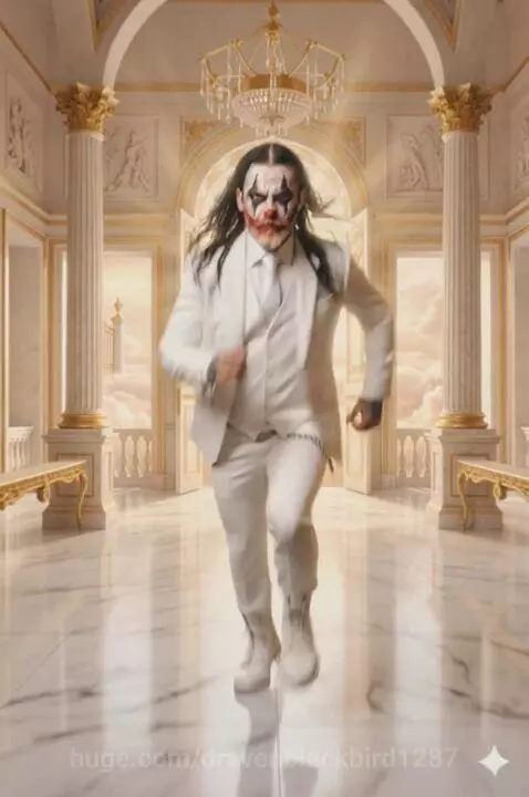 Man with clown makeup and white suit running through a green landscape with flowers and trees.