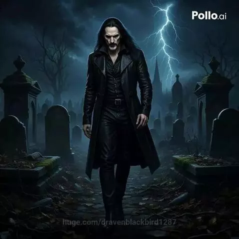 Man with long dark hair in a trench coat walks through a dark graveyard at night with lightning in the sky.