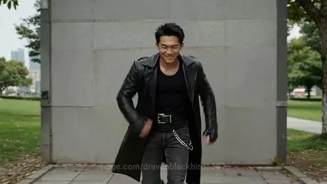 Man in black leather trench coat running towards camera with a big smile in a park with trees and buildings.