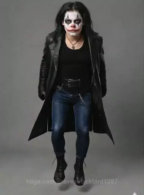Young Draven character with clown makeup, long black hair, and trench coat performing a mid-air jump.