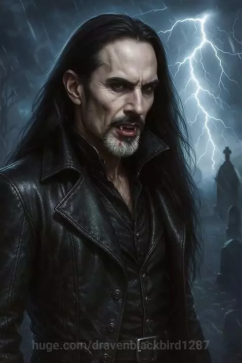 Male vampire with long dark hair, fangs, and blood on chin, standing in a stormy graveyard with lightning.