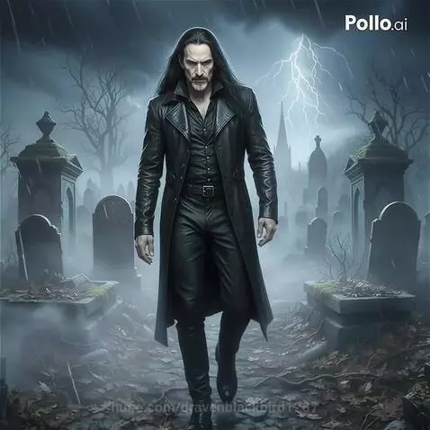 Man with beard and long dark hair in a black leather trench coat walks through a dark, rainy graveyard with lightning.