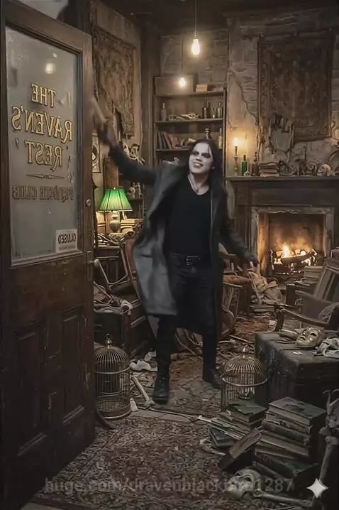 Person dressed as 'The Crow' character with face paint, smashing objects in a dark, cluttered room.