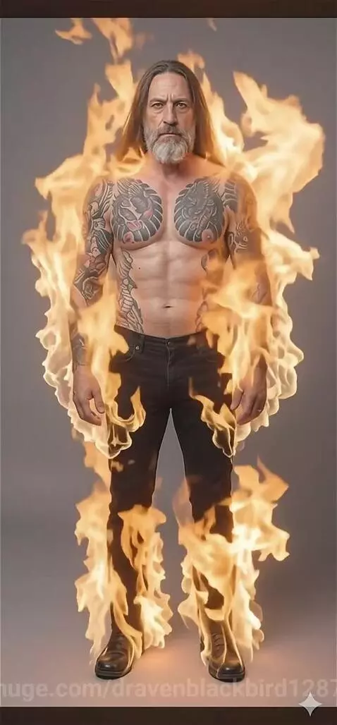 Muscular man with long dark hair and beard, covered in tattoos, stands calmly surrounded by bright orange flames.