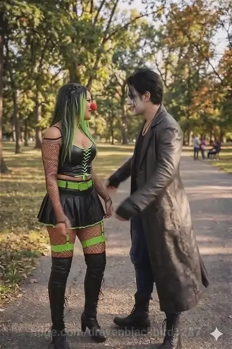 Man and woman in elaborate costumes, one with green hair and clown nose, hugging in a park.