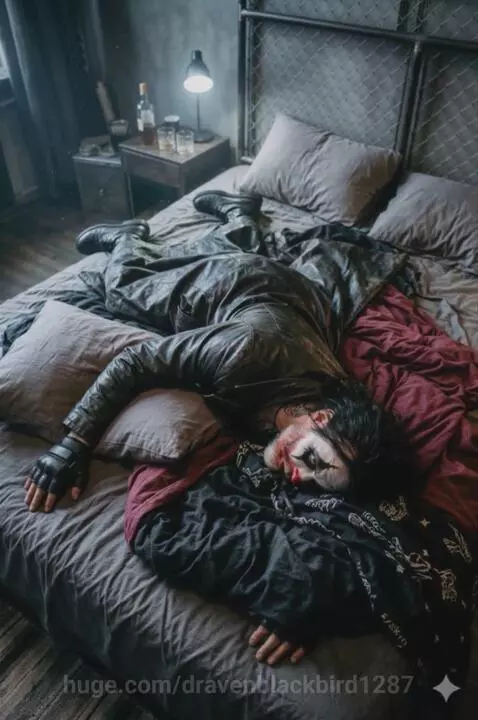 Person with clown-like makeup lying face down on a bed with dark clothing and moody lighting.