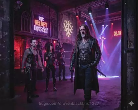 Man with sword and leather coat walks through a dark, gothic-themed club filled with people in similar attire.